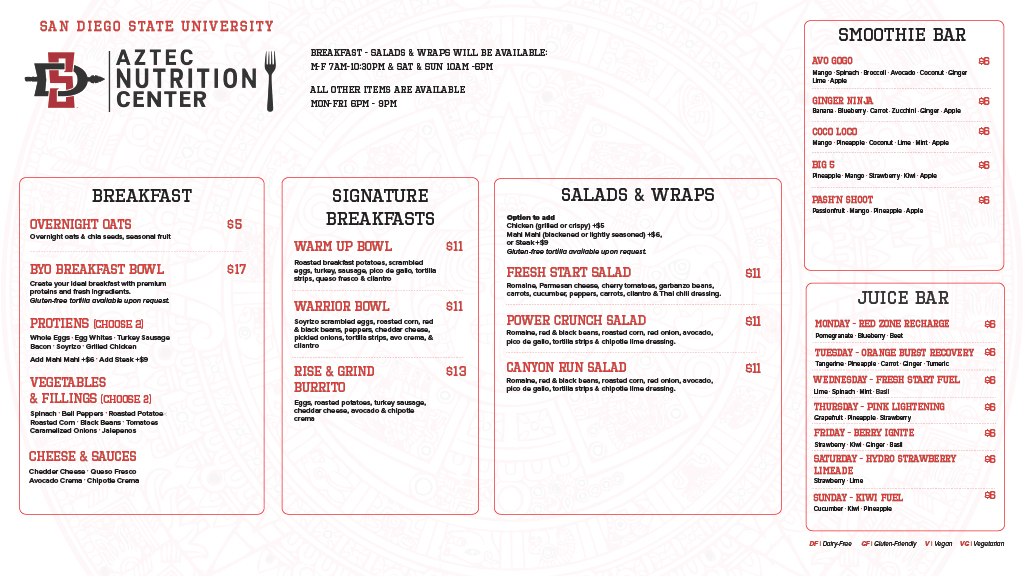 Aztec Nutrition Center Breakfast Menu