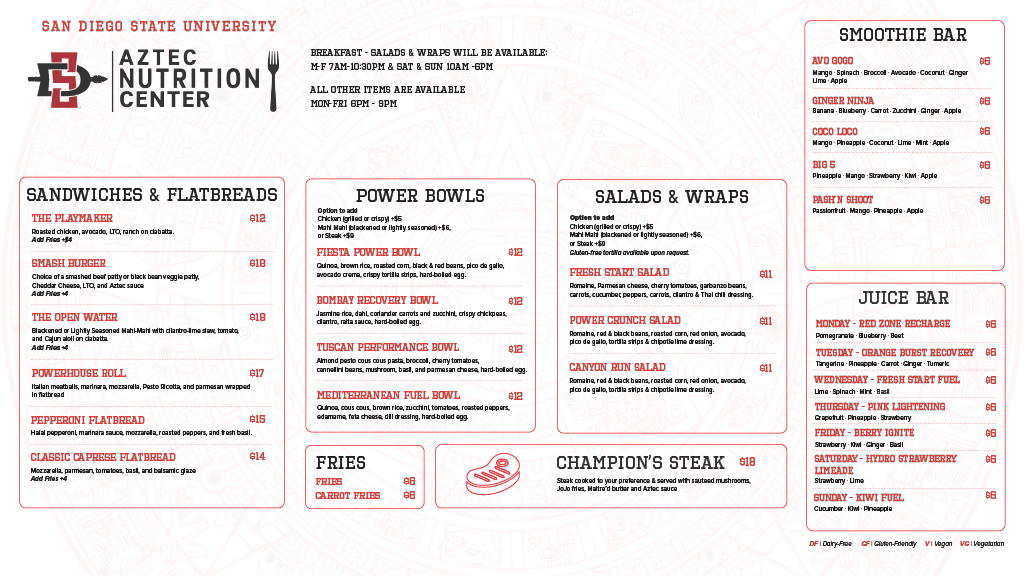 Aztec Nutrition Center Lunch / Dinner Menu